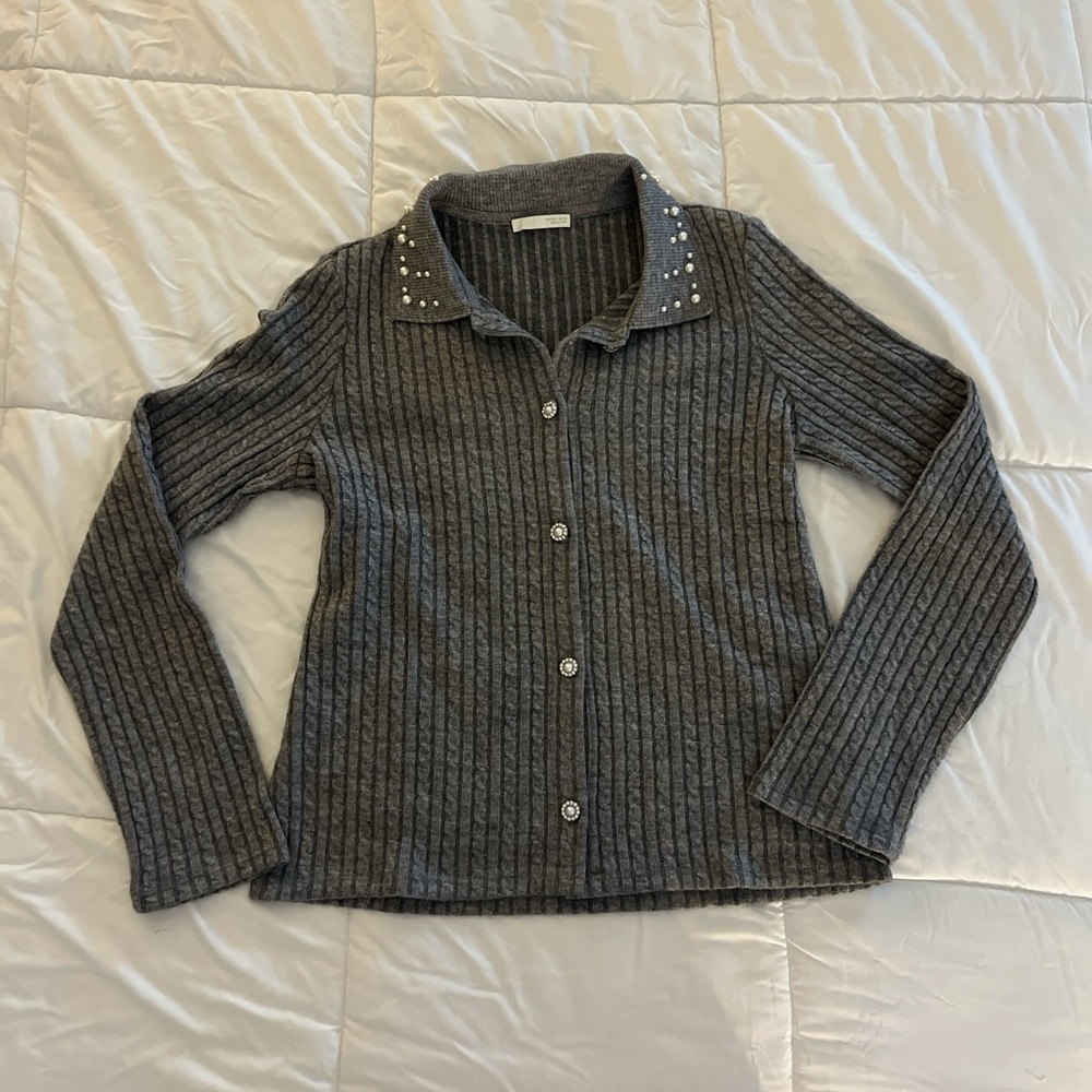 Gray Ribbed Button-Up Sweater